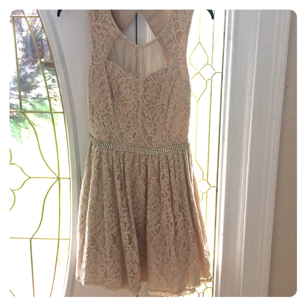 Beige Lace Dress with Mesh and a Rhinestone Belt